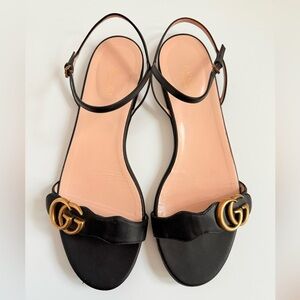 Gucci Black Leather GG marmot ankle strap flat sandals EU 41 US 11
